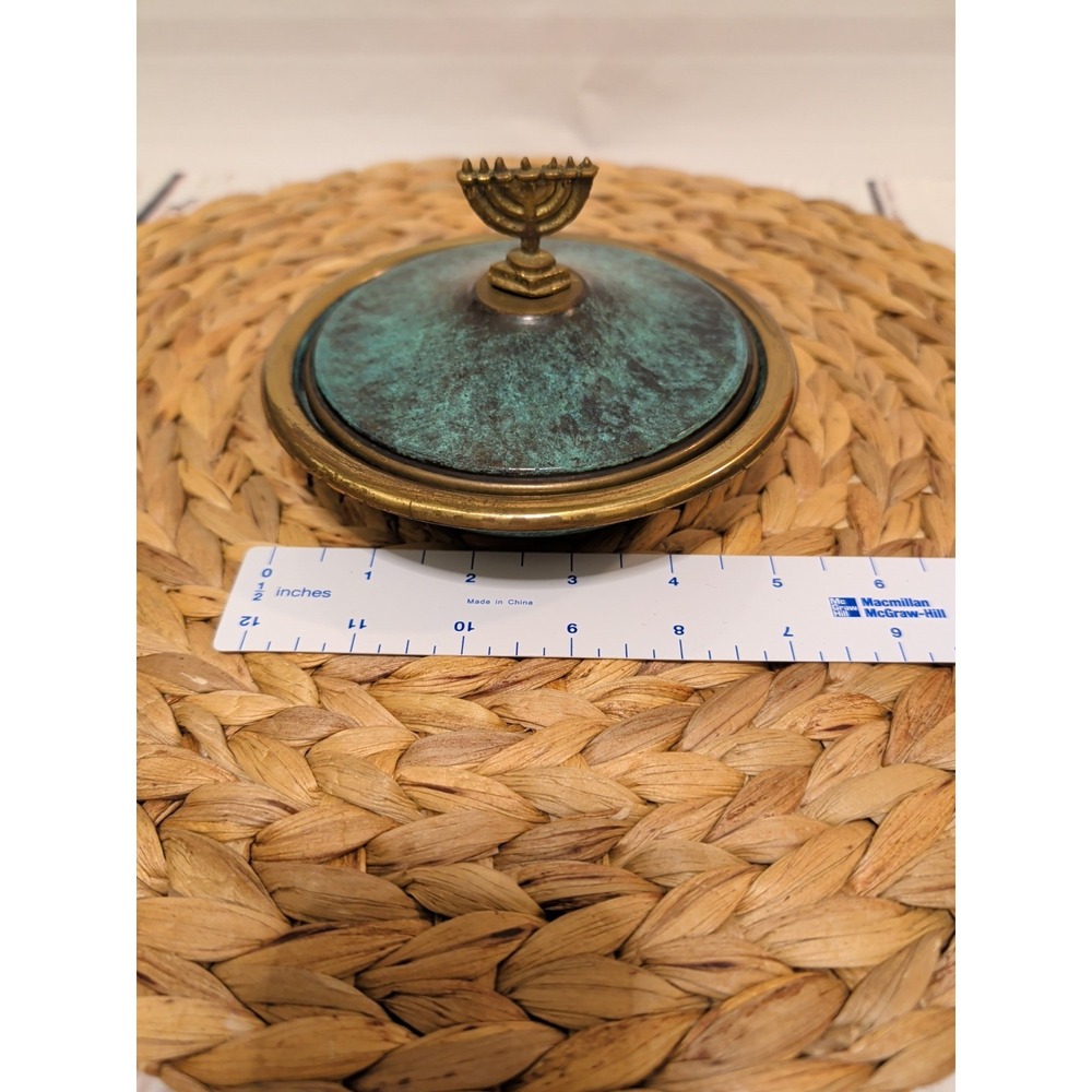 Brass Lidded Bowl with A Verdigris Finish Menorah Finial - Picture 9 of 10